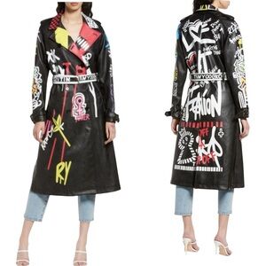 Azalea Wang Faux Leather Grafitti Trench Coat Size XL